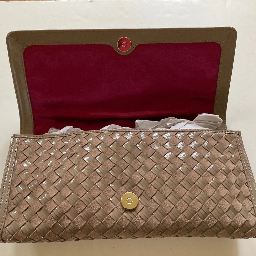Cole Haan Izzie Clutch/Greige Suede/Heritage Weave/NEW/$228 RETAIL/NEVER USED!